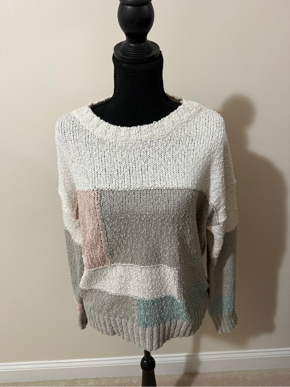 Cozy Colorblock Crewneck Sweater - Cream, Gray & Pink